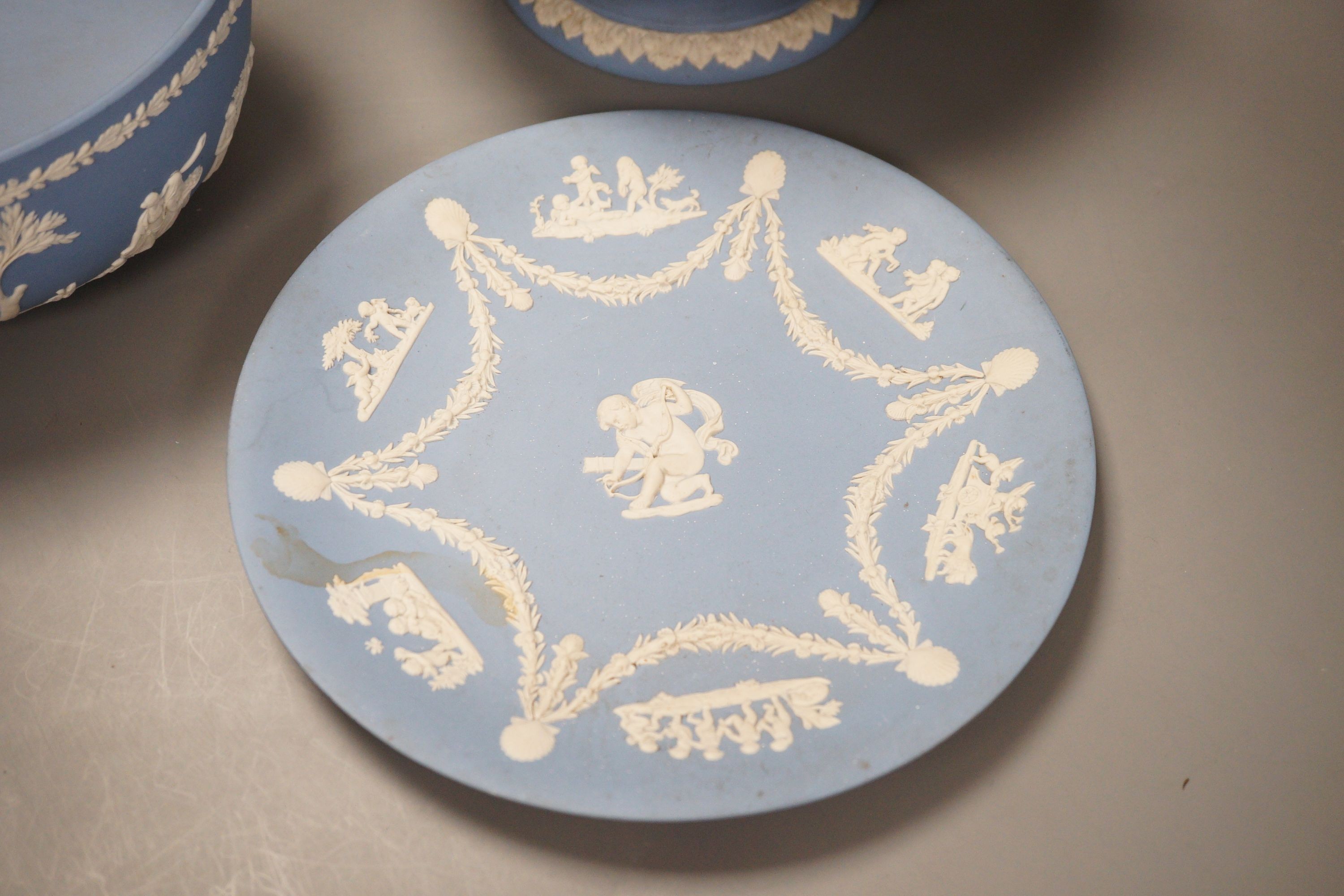 A Wedgwood blue jasper dish, bowl and footed bowl